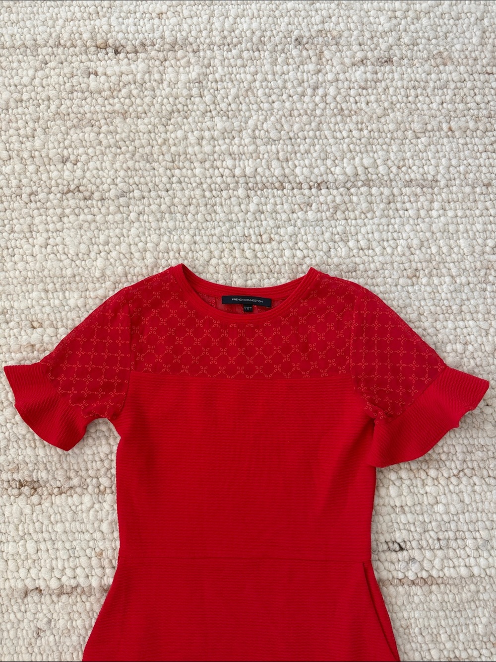 French Connection red short-sleeve mini dress textured sheer yoke ruffled sleeve - Picture 2 of 7